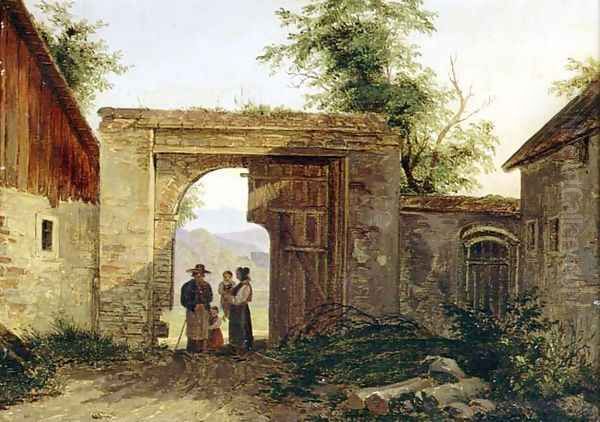 A Farmyard with peasants at a gateway Oil Painting by Ferdinand Georg Waldmuller