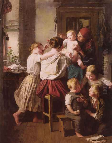 Children Making Their Grandmother a Present on Her Name Day Oil Painting by Ferdinand Georg Waldmuller