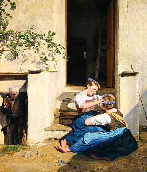 Girls making garlands, 1846 Oil Painting by Ferdinand Georg Waldmuller