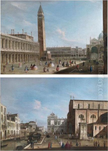 Venice, View Of The Piazzetta 
Looking North; Venice, View Of The Campo Santi Giovanni E Paolo With The
 West End Of The Church And The Scuola Di San Marco Oil Painting by Apollonio Domenichini