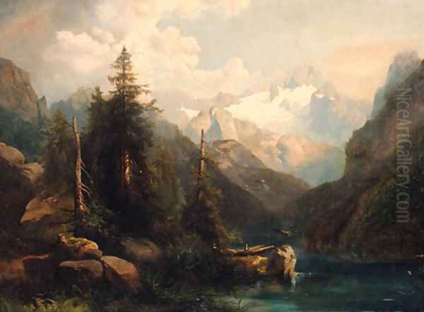 An Alpine Landscape in the Dachstein region Oil Painting by Ferdinand Georg Waldmuller