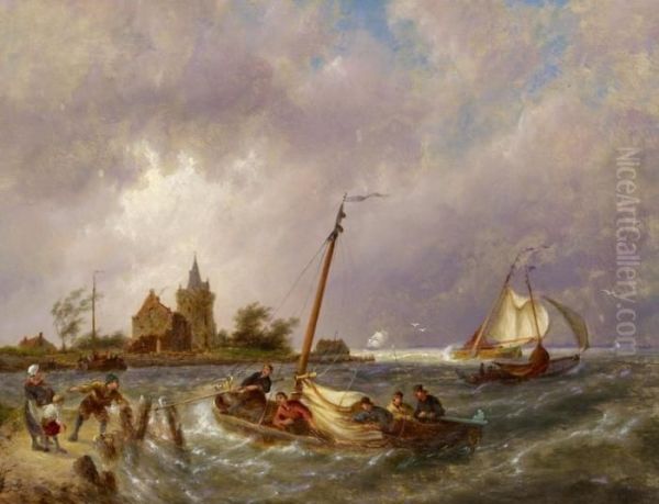 Fishermen Returning Home With A Storm Approaching Oil Painting by Pieter Cornelis Dommershuijzen