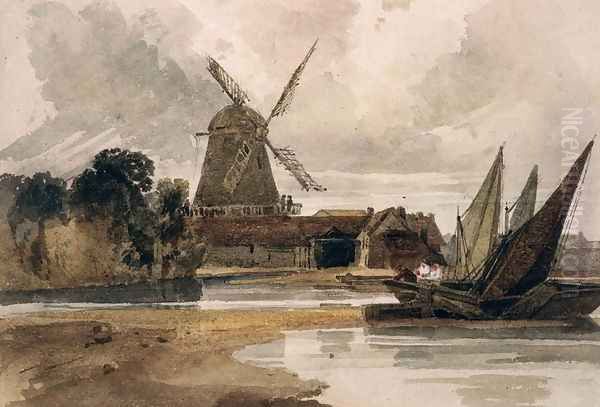 A Smock Mill on the Thames Oil Painting by Peter de Wint