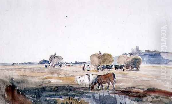 A Lincoln Hayfield Oil Painting by Peter de Wint