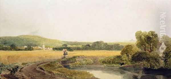 A Cornfield by a Backwater near a Village in the Thames Valley Oil Painting by Peter de Wint