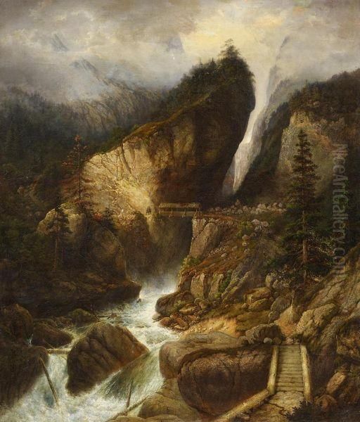 In The Mountain Gorge Oil Painting by Johann Jakob Ii Dorner