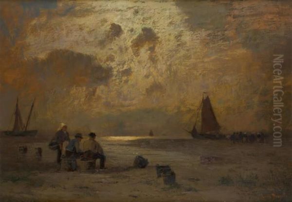 Pecheurs Au Coucher Du Soleil Oil Painting by Louis, Carl Ludwig Douzette