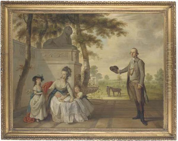 Portrait Of Benjamin Cole And 
His Family In A Garden, A Groom Holding A Bay Horse In The Background Oil Painting by John Downman