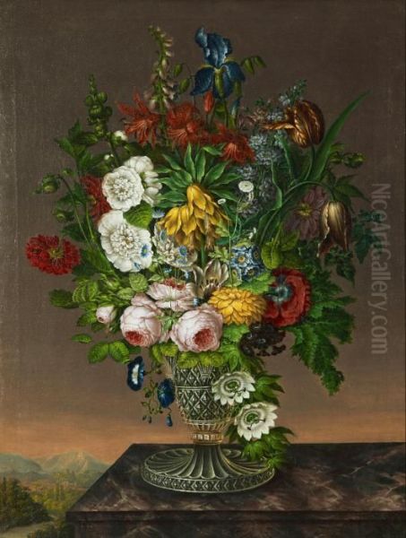 Blomsterstilleben I Landskap Oil Painting by Johann Baptist Drechsler