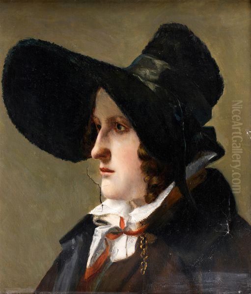 Portrait De Jeune Femme Portant Un Chapeau Anglais Dit Poke Bonnet Oil Painting by Michel-Martin Drolling