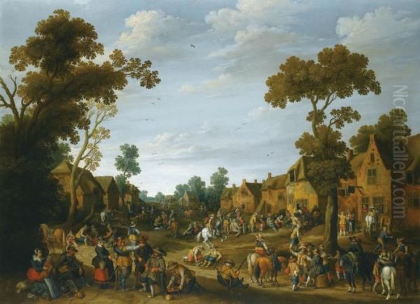 A Busy Village Scene With Soldiers And Peasants Oil Painting by Joost Cornelisz. Droochsloot