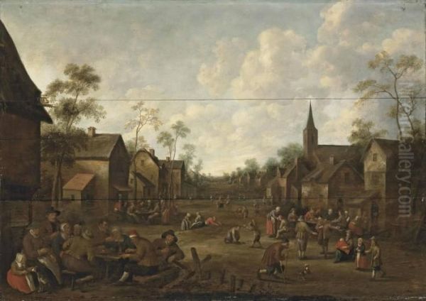 A Village Feast With Figures Outside An Inn And Others Playing Games Oil Painting by Joost Cornelisz. Droochsloot