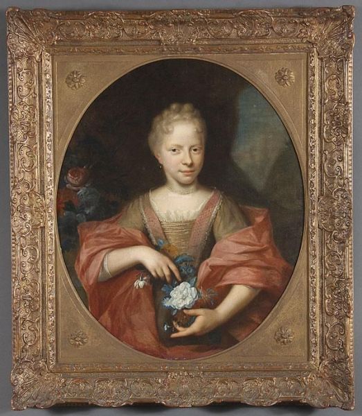 Portrait Of Woman With Spray Of Flowers Oil Painting by Francois-Hubert Drouais