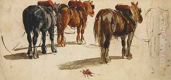 Three Cart-Horses in traces, back view Oil Painting by Peter de Wint