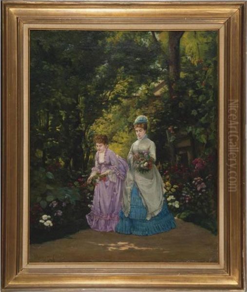 Elegant Ladies Gathering Flowers In A Garden Oil Painting by Hippolyte Henri P. Dubois