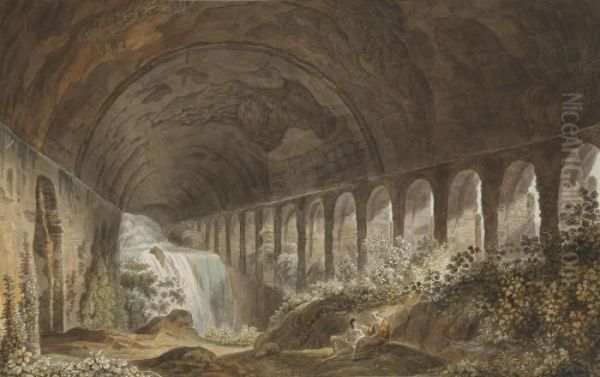 A Cascade In The Vault Beneath The Villa Of Maecenas At Tivoli Oil Painting by Abraham Louis R. Ducros