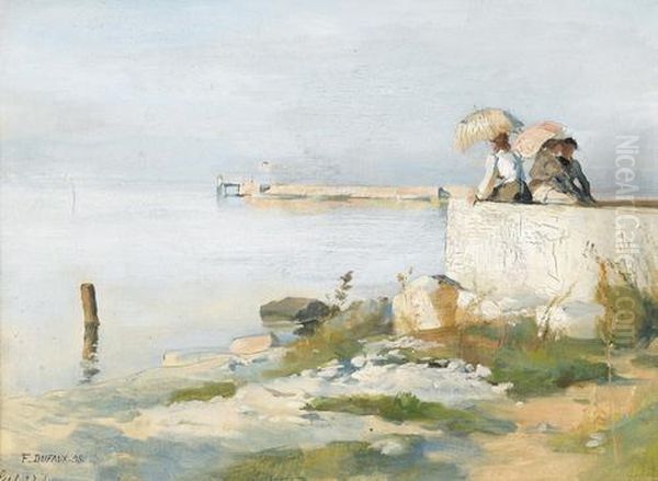 Drei Damen Mit Sonnenschirmen Am Ufer Des Genfersees. Oil Painting by Frederic Dufaux