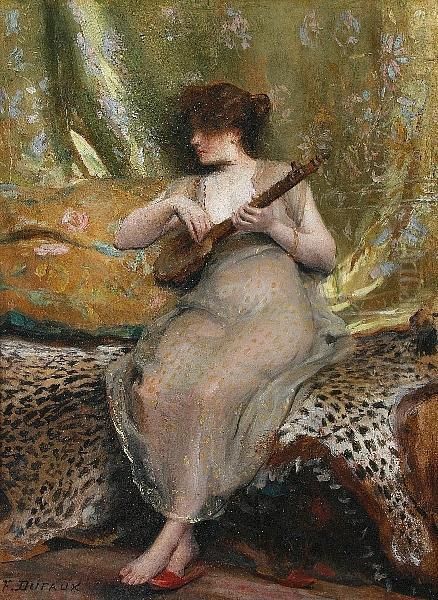 A Woman With A Sitar Seated On A Leopard Skin Oil Painting by Frederic Dufaux