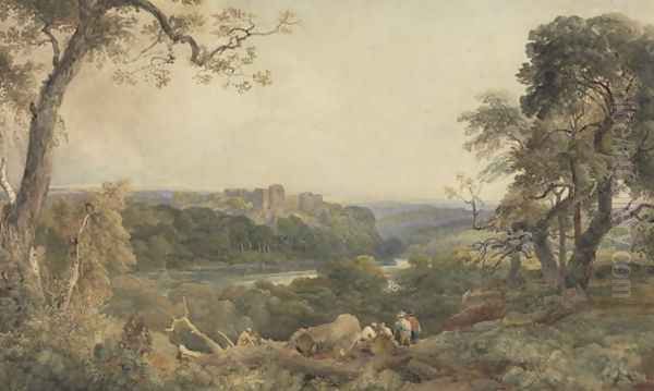 Castle above a River, Woodcutters in the Foreground Oil Painting by Peter de Wint