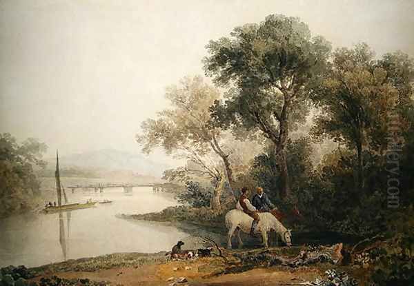 Rustics watering their Horses at a River's Edge, a Tower beyond Oil Painting by Peter de Wint