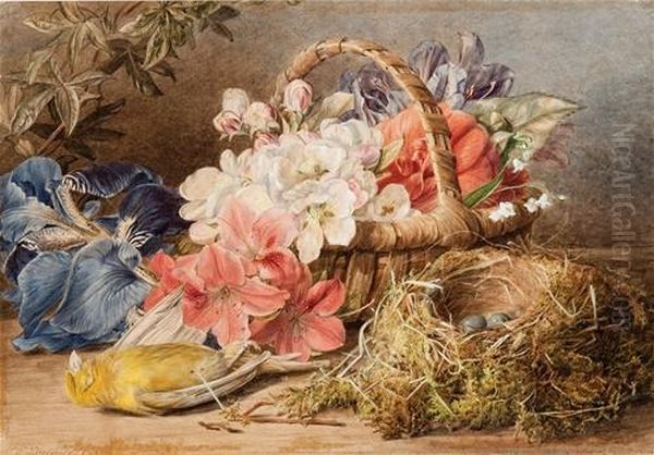 Flowers, Nest And Greenfinch Oil Painting by Mary Elizabeth Duffield