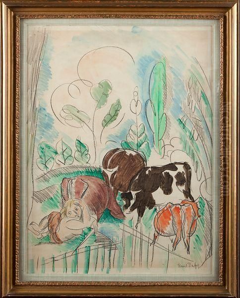 < Nu Et Vaches Dans Un Pre >. Oil Painting by Raoul Dufy