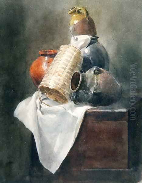 Still Life Pots, Basket and Cloth on a Chest Oil Painting by Peter de Wint