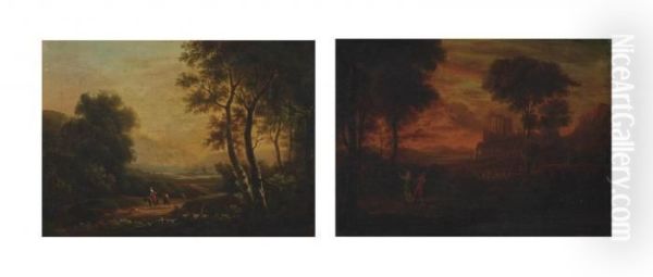 Travellers In A Wooded Landscape; And Classical Figures In An Arcadian Landscape Oil Painting by Gaspard Dughet Poussin