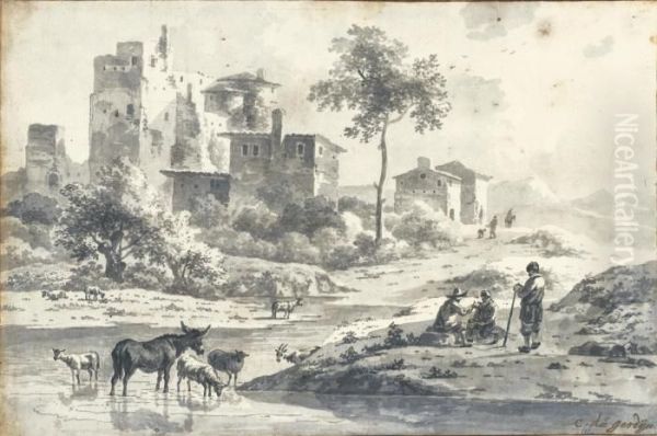 Italian Landscape With Herdsmen And Animals By A Stream Oil Painting by Karel Dujardin