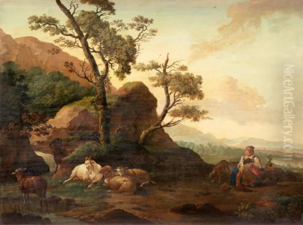 A Shepherdess In A Pastoral Landscape Oil Painting by Karel Dujardin