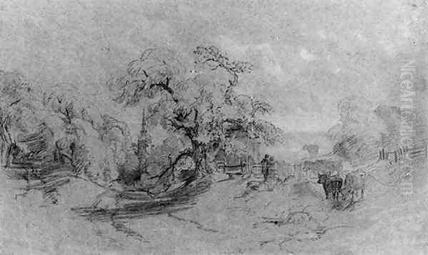 Cattle on the edge of a lane, a church beyond Oil Painting by Peter de Wint