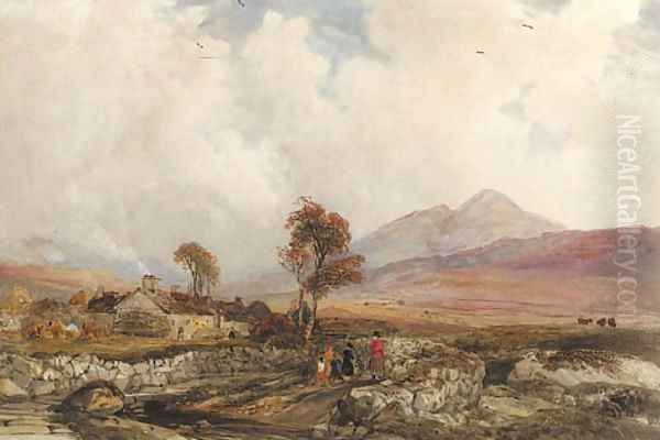 An extensive landscape with figures on a track and buildings beyond, Wales Oil Painting by Peter de Wint