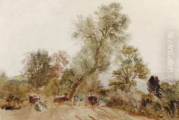 Figures and a horse and cart on a country track Oil Painting by Peter de Wint