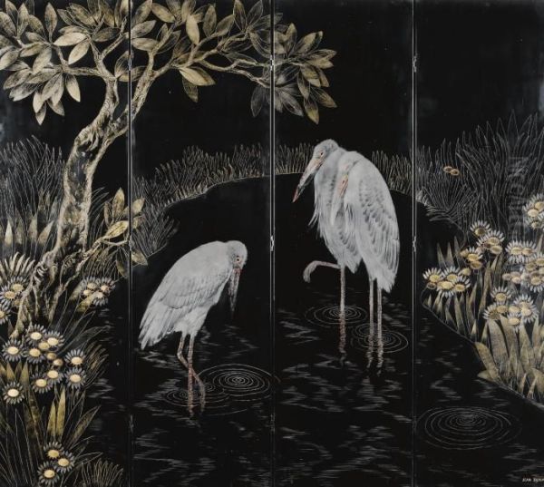 'marabou Storks' Four Panel Screen Oil Painting by Jean Dunand