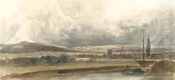 A distant view of Gloucester with the River Severn in the distance Oil Painting by Peter de Wint