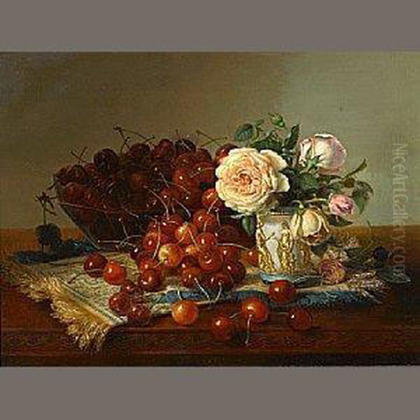 Still Life With Roses And Cherries Oil Painting by Robert Spear Dunning