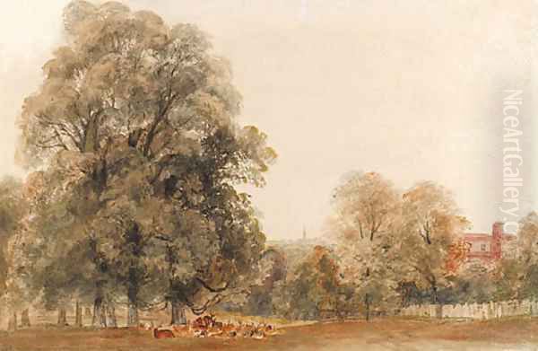 A herd of deer resting beneath a tree, Greenwich Park Oil Painting by Peter de Wint