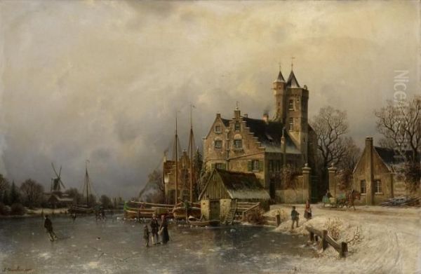 Winterlandschaft Mit Burg An Einem Zugefrorenem Kanal Oil Painting by Johannes-Bertholomaus Dutntze