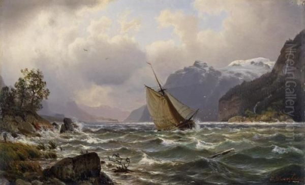 Stormy Sea In The Fiords Oil Painting by Johannes-Bertholomaus Dutntze