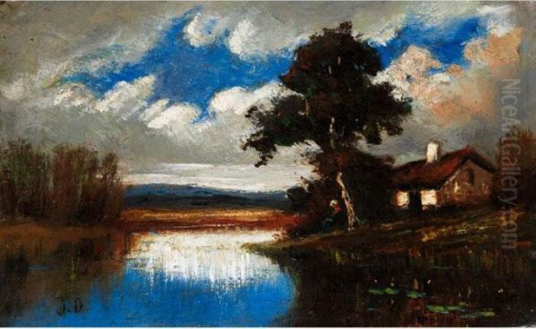 Landschaft Mit Haus Unter Einem Baum Am Weiher Oil Painting by Jules Dupre