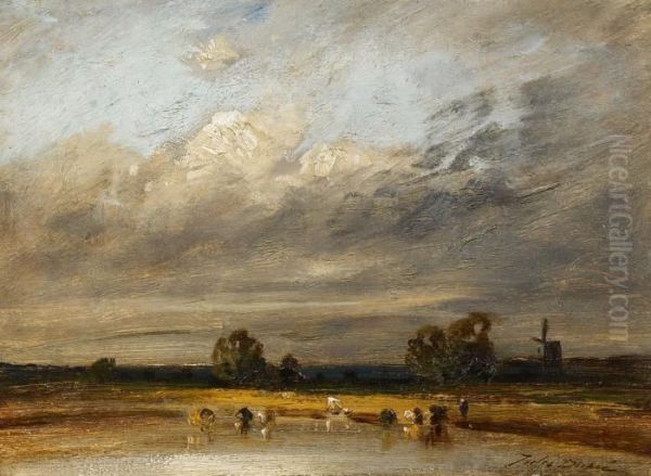 Cattle In Panoramic Polder Landscape With Approaching Heavy Weather Oil Painting by Jules Dupre