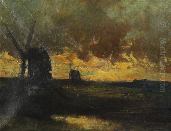 Windmills At Sunset Oil Painting by Jules Dupre