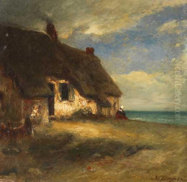 Chaumiere Au Bord De La Mare Avec Paysanne Assise Oil Painting by Jules Dupre