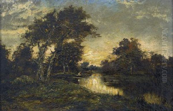 Flusslandschaft Mit Fischer In Der Abenddammerung Oil Painting by Jules Dupre