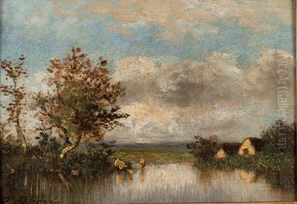 Paysage Lacustre Aux Chaumieres Oil Painting by Jules Dupre