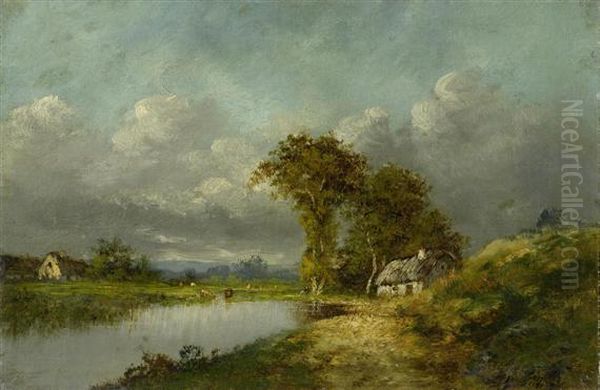 River Landscape With A Hut Oil Painting by Jules Dupre