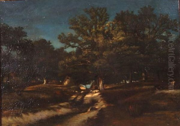 A Densely Wooded Pathway Oil Painting by Jules Dupre