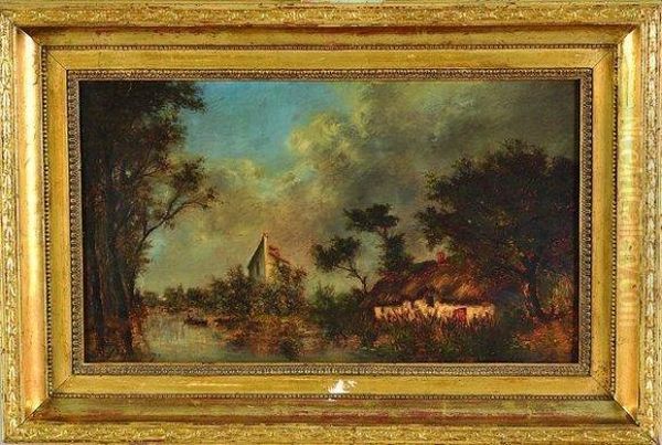 chaumiere Au Bord De L'etang Oil Painting by Jules Dupre