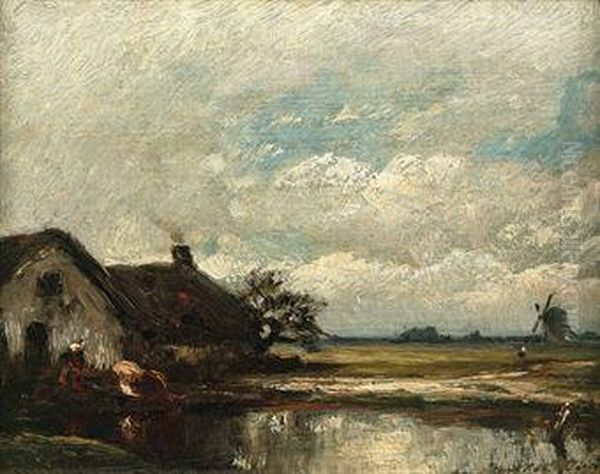 De Twee Hutten: By The Farm Oil Painting by Jules Dupre