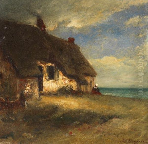 Chaumiere Au Bord De La Mare Avec Paysanne Assise. Oil Painting by Jules Dupre